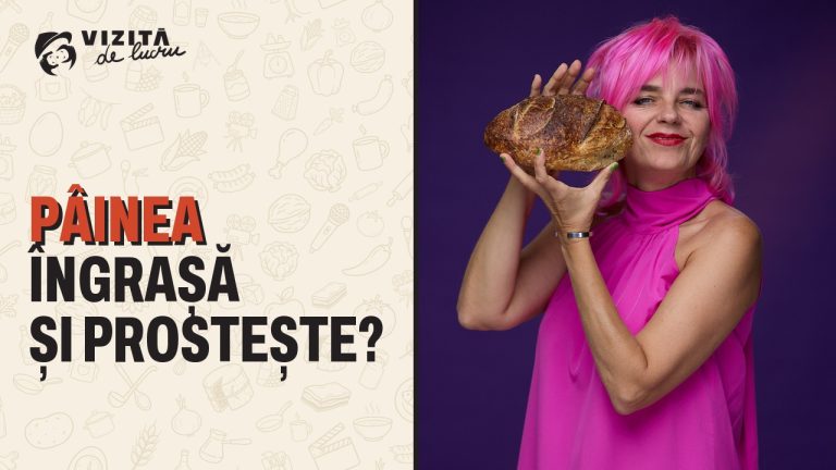 Gianina Corondan ține o pâine cu maia lângă ureche; alături, textul Pâinea îngrașă și prostește?
